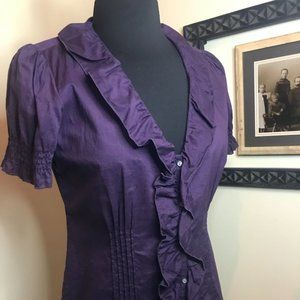 GAP Deep Purple Button Down Short Sleeve Blouse with Flounce and Ruffle Details